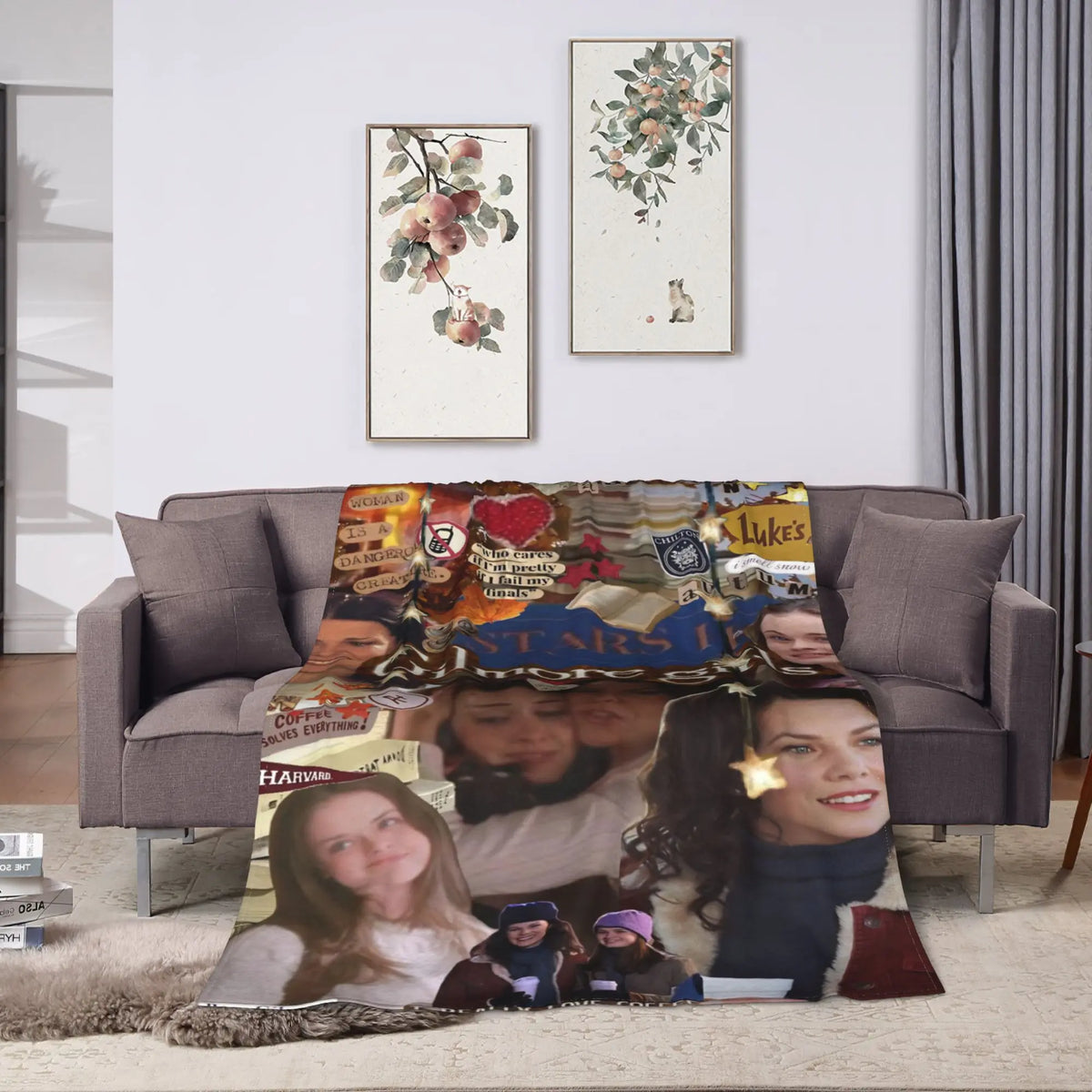 A throw blanket featuring a collage of Gilmore Girls characters and themes.