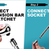 Step-by-step guide showing how to connect an extension bar to a ratchet socket for a tool kit.