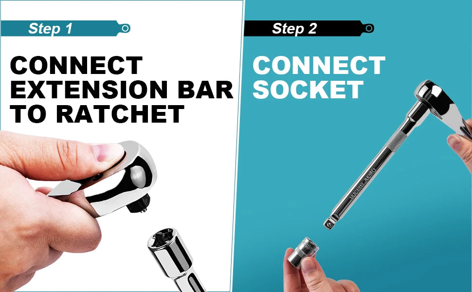 Step-by-step guide showing how to connect an extension bar to a ratchet socket for a tool kit.