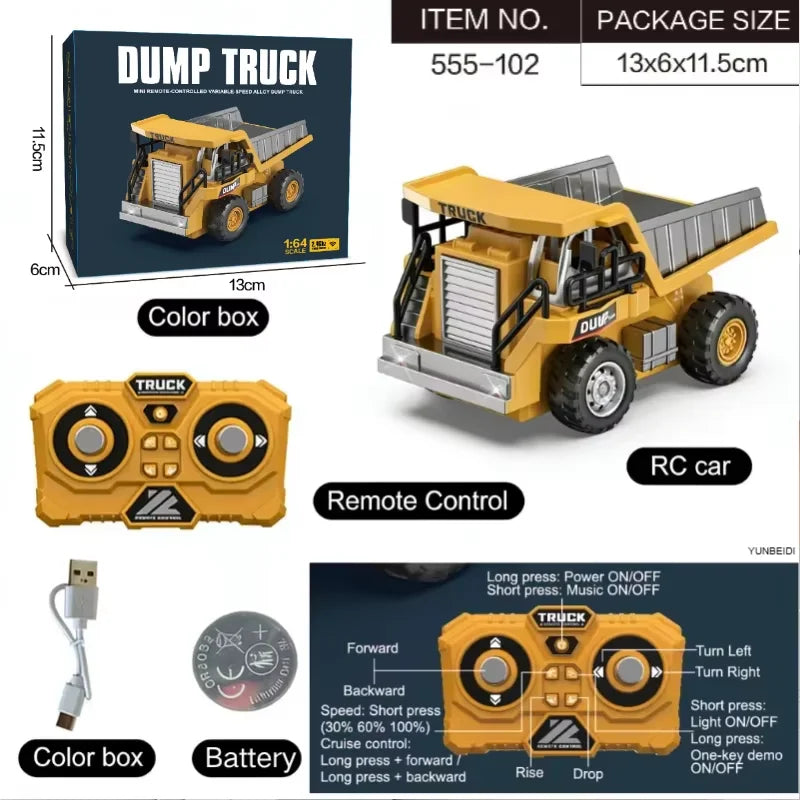 Yellow 1:64 scale dump truck RC car with remote control and battery