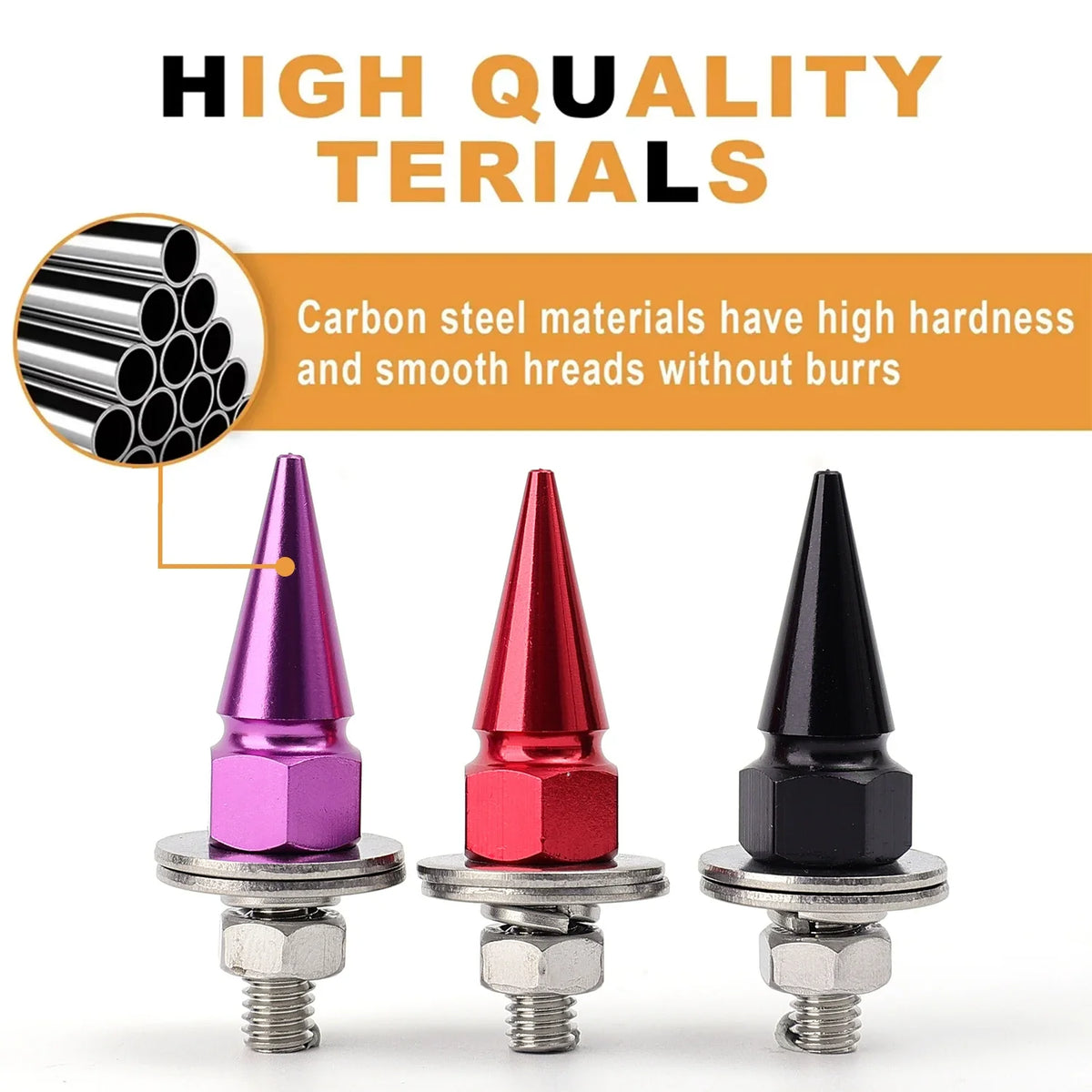 Three pointed carbon steel screws in pink, red, and black with hexagonal heads and flat washers
