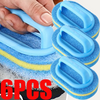 Six blue and yellow multipurpose sponge cleaning brushes with handles shown in use.