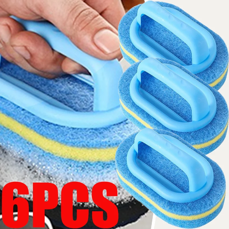 Six blue and yellow multipurpose sponge cleaning brushes with handles shown in use.