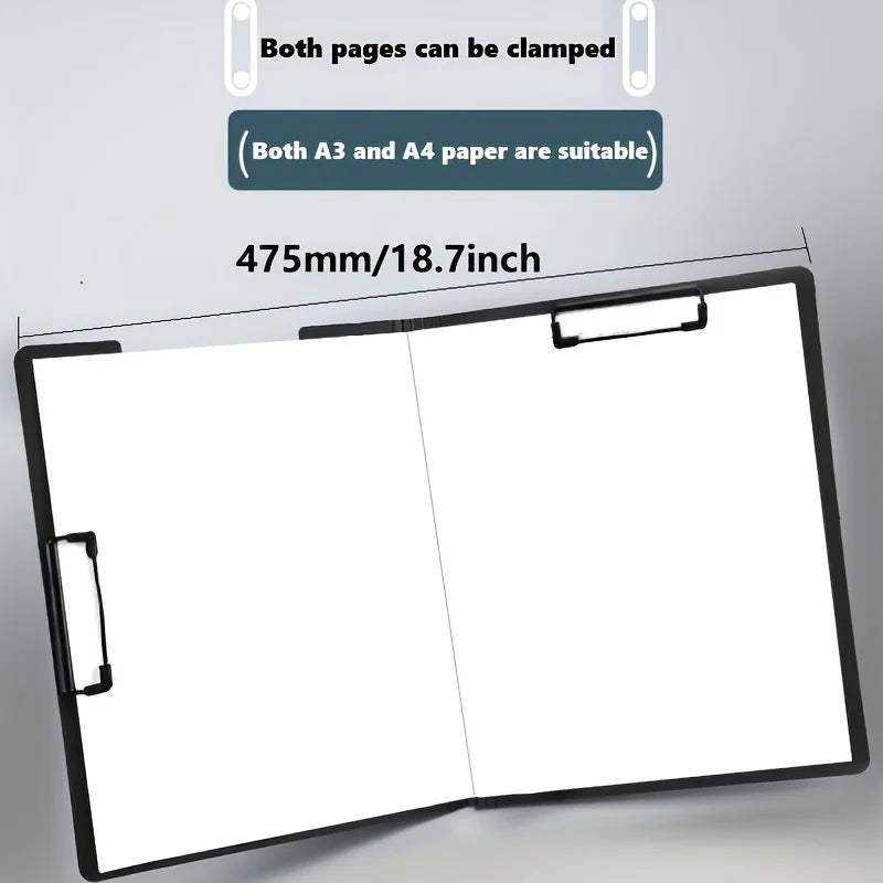 A black clip folder with a protective cover is shown open, displaying two blank pages.