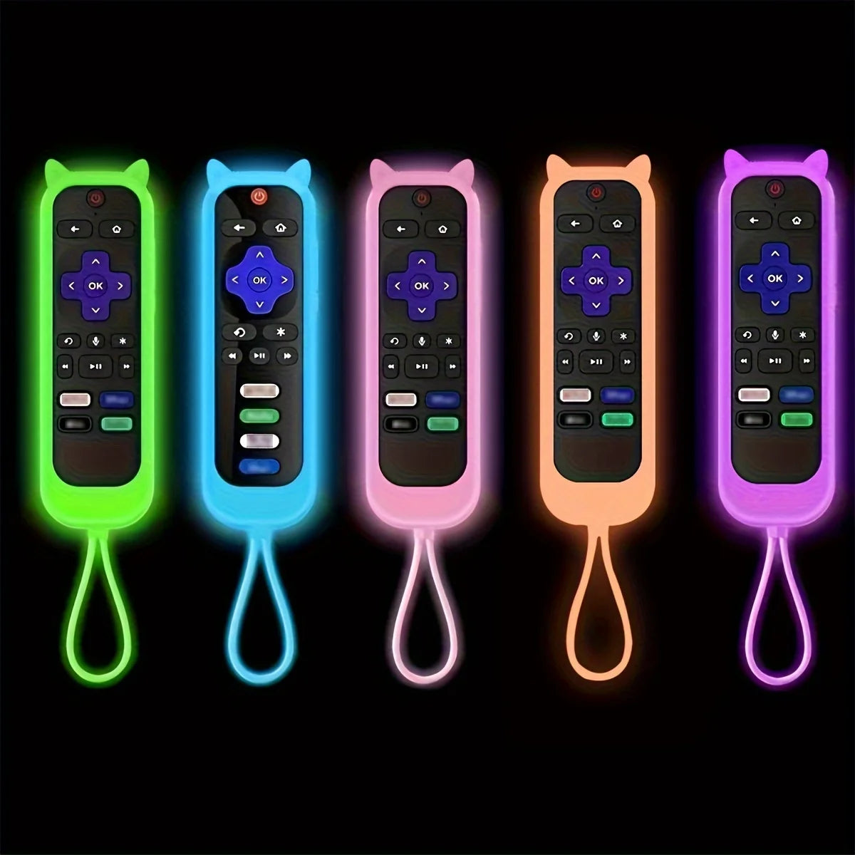 Five glow-in-the-dark silicone cat ear remote control covers in various colors.