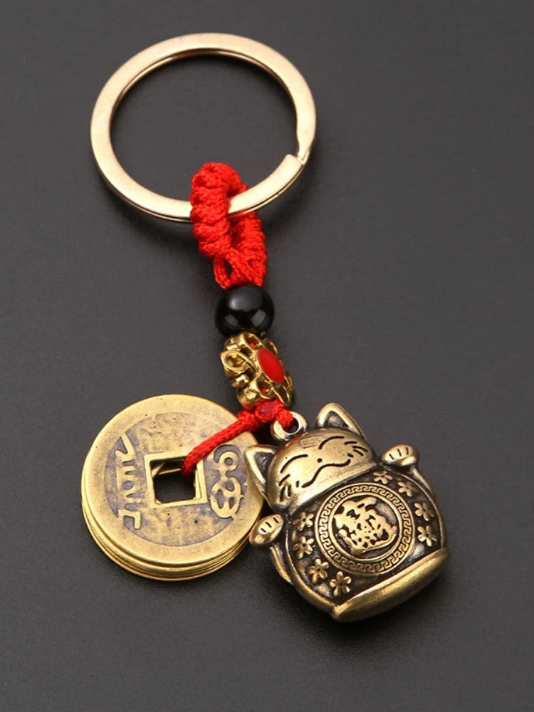 Vintage Lucky Cat Keychain with Five Emperors Coins
