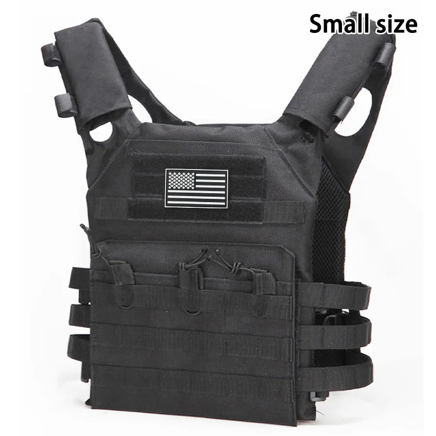 Black multifunctional MOLLE training vest featuring an American flag emblem