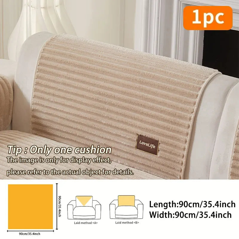 A beige striped sofa cushion cover displayed on a white sofa, showing dimensions and usage examples.