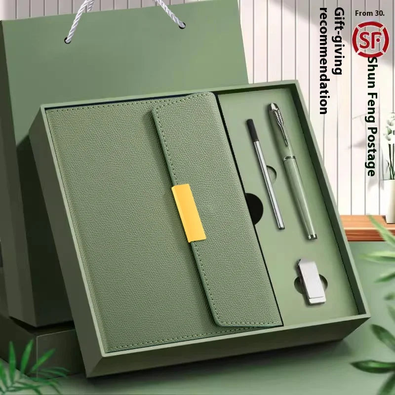 A green gift box containing an A5 retro PU leather journal notebook and writing tools.