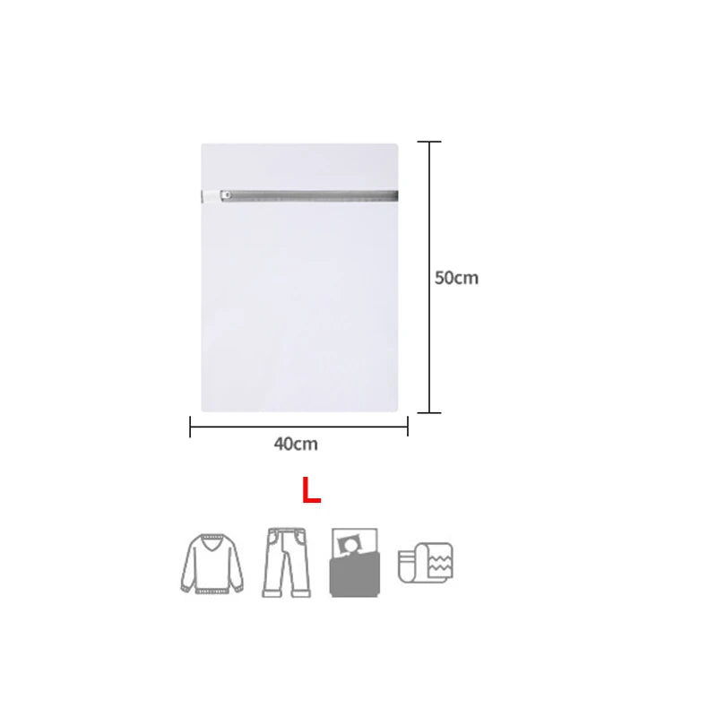 A white fine mesh laundry bag with a zipper, shown in various views.