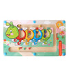 A wooden magnetic color sorting maze board with colorful pegs and a smiling green character.