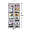 A gray felt eyewear organizer with sixteen slots for hanging or wall-mounted storage.