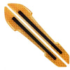 A set of reflective safety strips for a car mirror, featuring an orange honeycomb pattern and black strips.