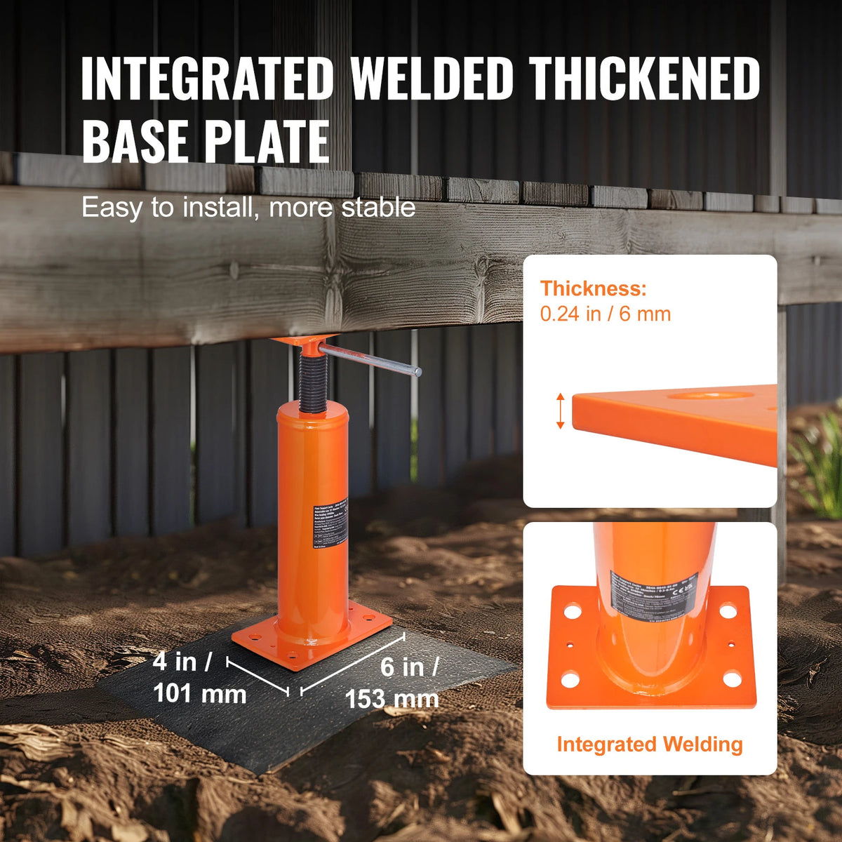 An orange integrated welded thickened base plate for a steel floor jack, shown in the ground.
