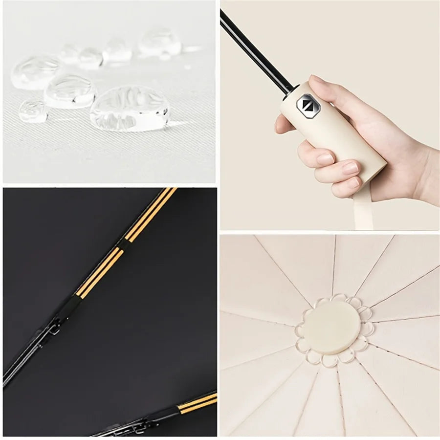 A hand holds a heavy duty automatic folding umbrella, showing the mechanism and the umbrella opening.