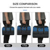 Comparison of heavy duty tool bags in sizes 14in, 17in, and 20in shown being carried by a person.