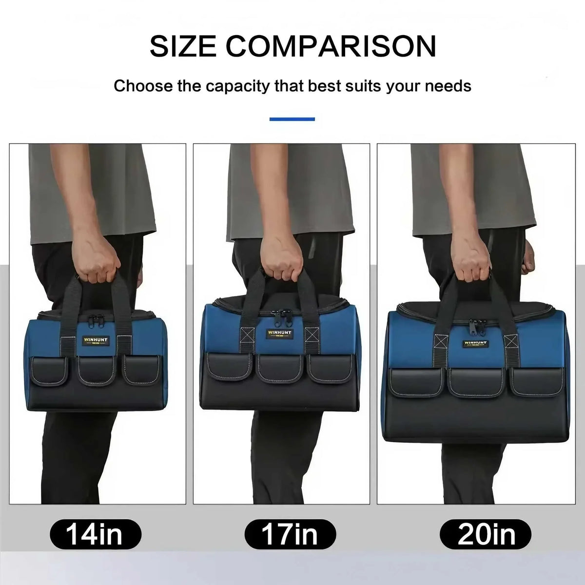 Comparison of heavy duty tool bags in sizes 14in, 17in, and 20in shown being carried by a person.