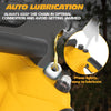 Close-up of a yellow cordless electric chainsaw with a lubricant being applied to the chain.