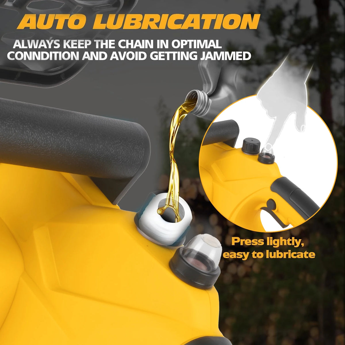 Close-up of a yellow cordless electric chainsaw with a lubricant being applied to the chain.