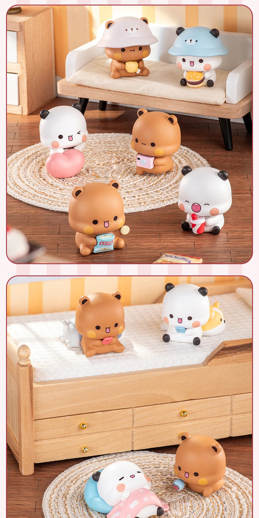 A collection of Yier and Bubu Daily Life V3 Series blind box figurines in various colors and poses sitting on a woven mat.