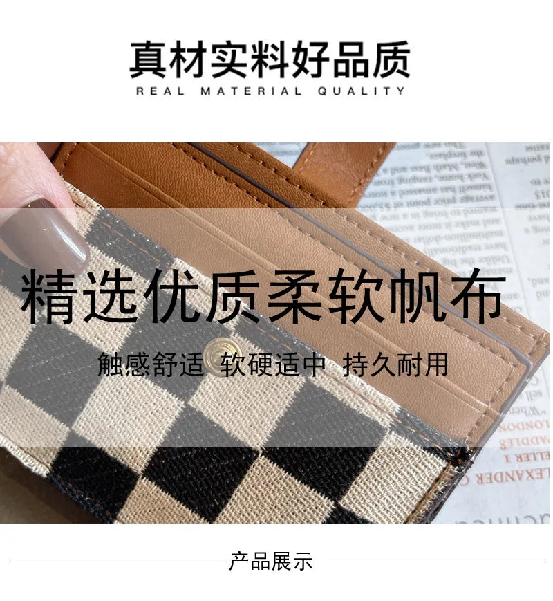 Checkered Canvas Card Wallet with Buckle Closure