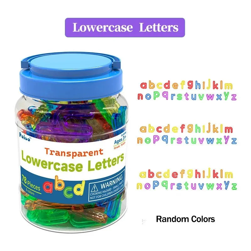 A jar of transparent lowercase letters and numbers for sensory learning with a blue lid