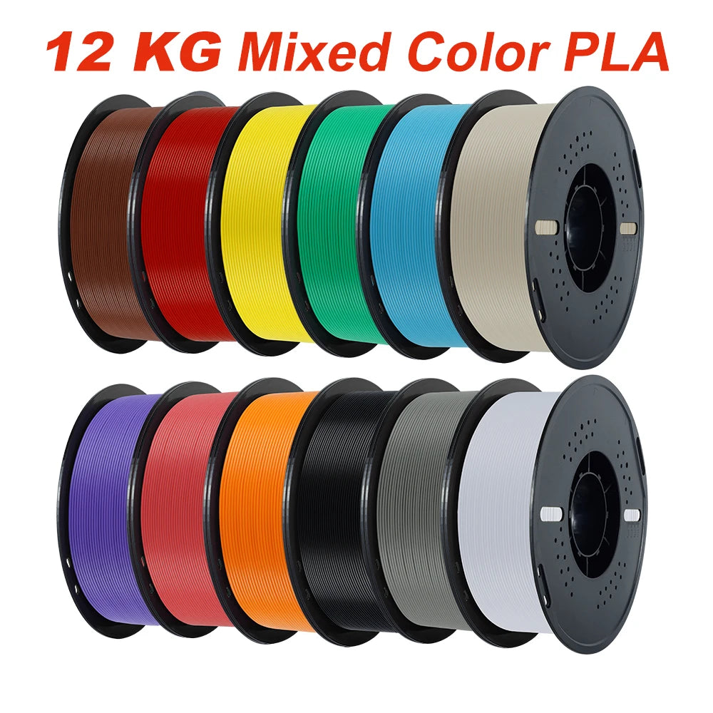 A bundle of 10 mixed color PLA filaments in various spools for 3D printing.