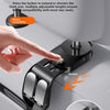 A hand is adjusting a retractable hanging arm on a car seat using a button to extend or shorten the hook arm.