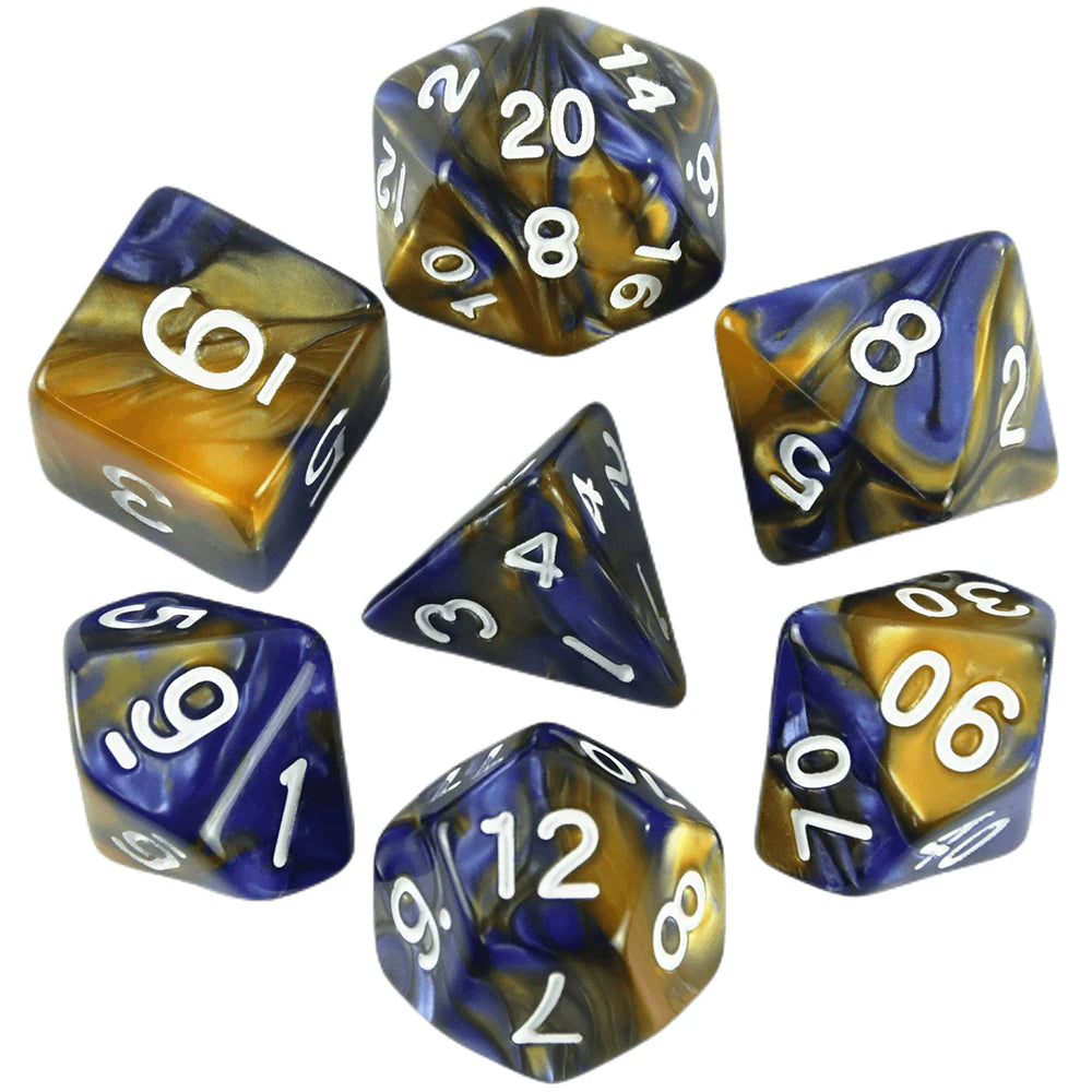A collection of seven polyhedral dice in various colors and angles for role-playing games