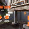 An orange floor support jack with a threaded rod is shown supporting a wooden beam structure.