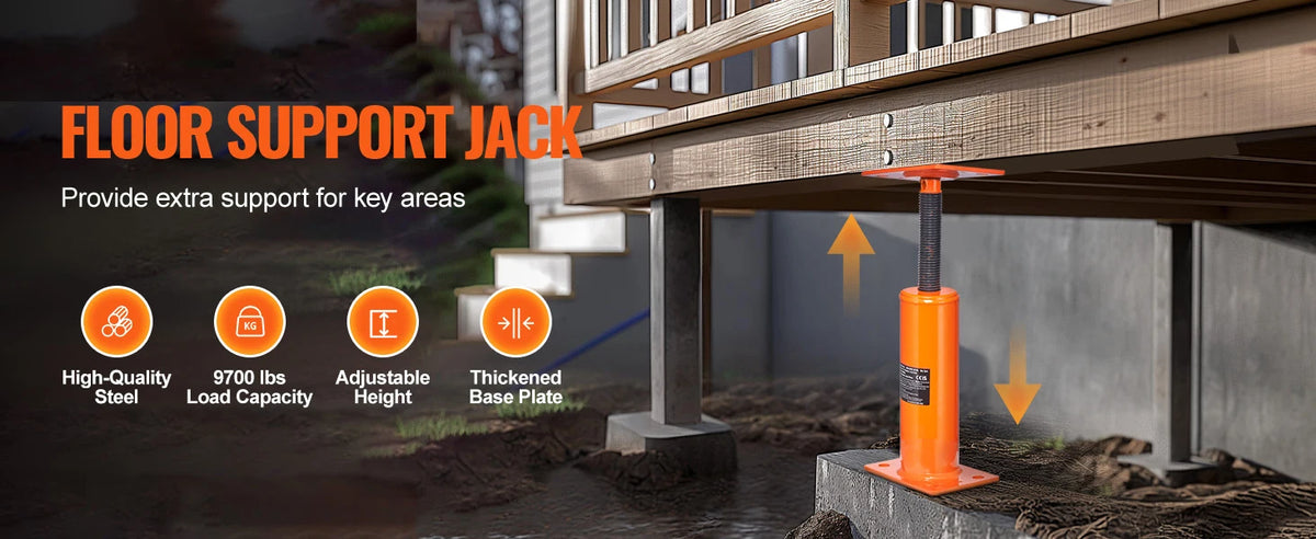An orange floor support jack with a threaded rod is shown supporting a wooden beam structure.
