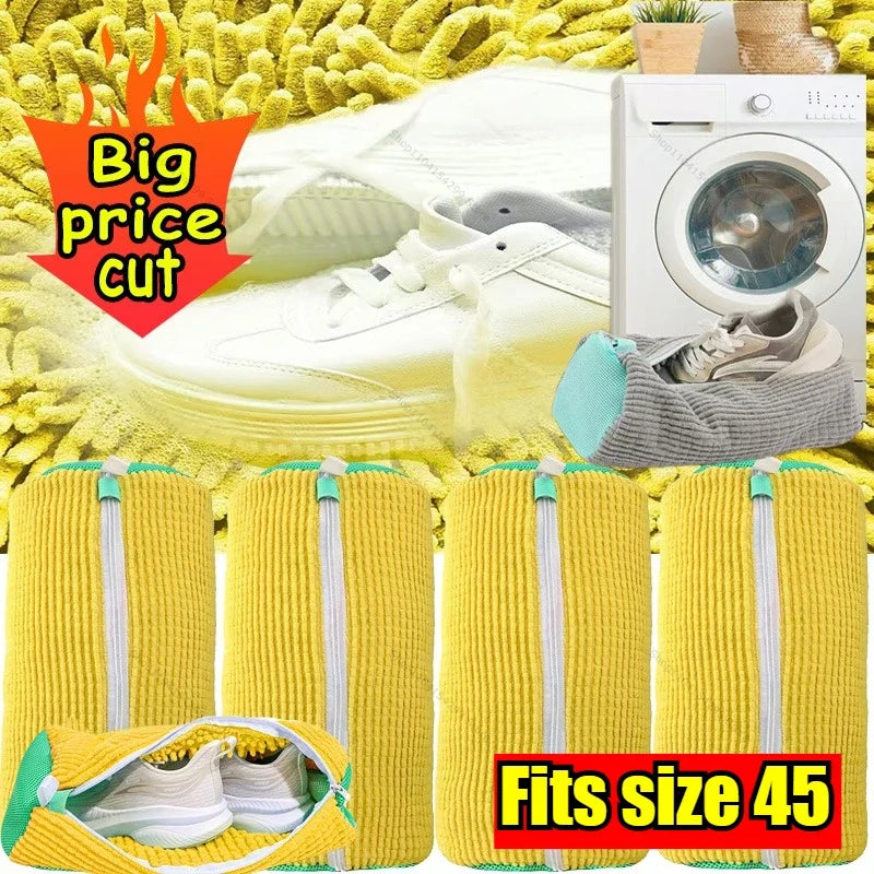 Yellow reusable shoe laundry bags with a bristled brush for gentle machine washing, fits size 45.