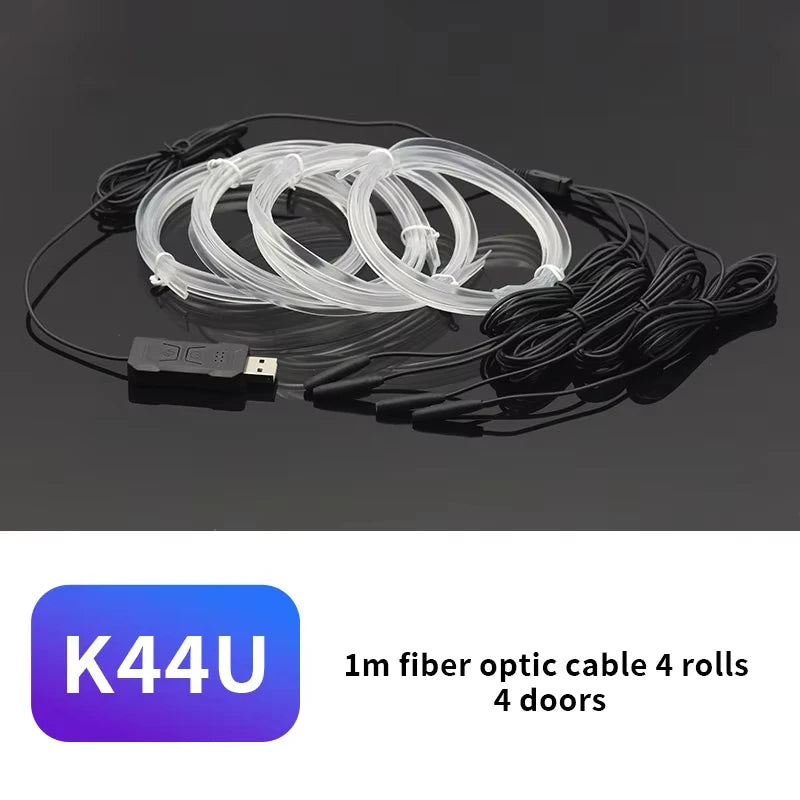 4 rolls of 1m fiber optic cable for 4 doors and an RGB music-sync car interior LED light strip with remote.