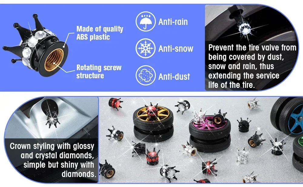 Crystal Crown Tire Valve Caps - Set of 4