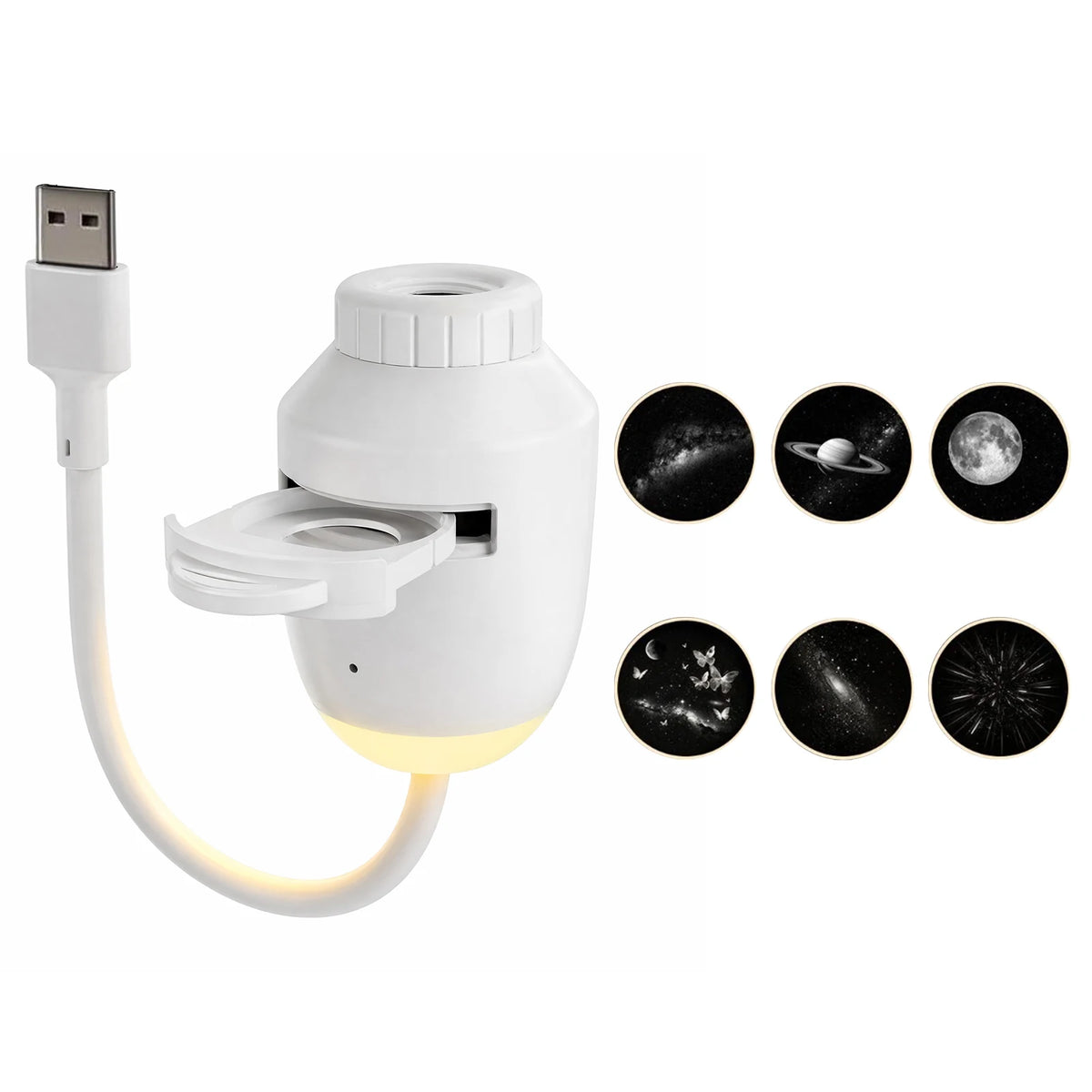 A white 2-in-1 mini galaxy star projector night light with a USB connector and multiple celestial light patterns.