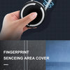 A hand holds a stainless steel padlock with a fingerprint sensing area cover, demonstrating anti-theft security.