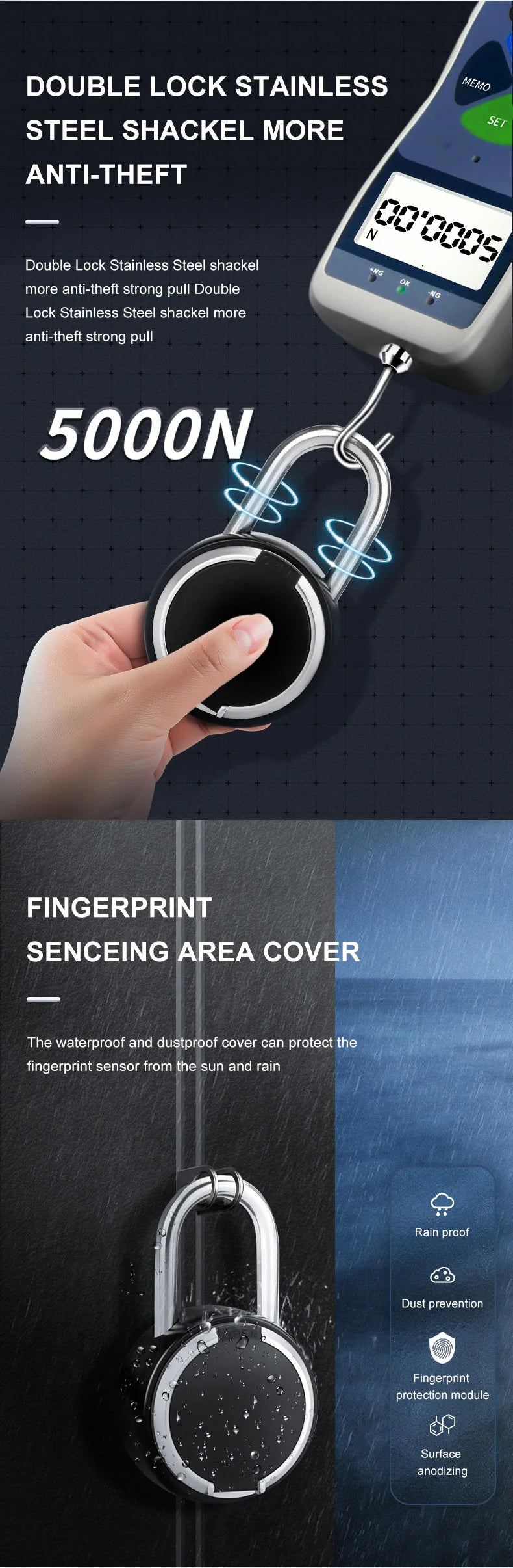A hand holds a stainless steel padlock with a fingerprint sensing area cover, demonstrating anti-theft security.