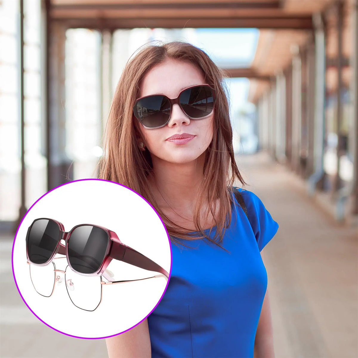 Una mujer usando gafas de sol cuadradas con protección UV400 caminando al aire libre.