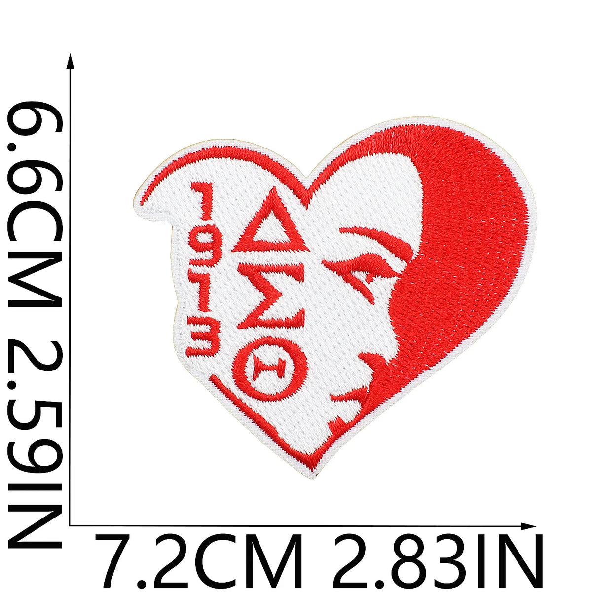 Red and white embroidered heart patch featuring the Delta Sigma Theta 1913 symbol