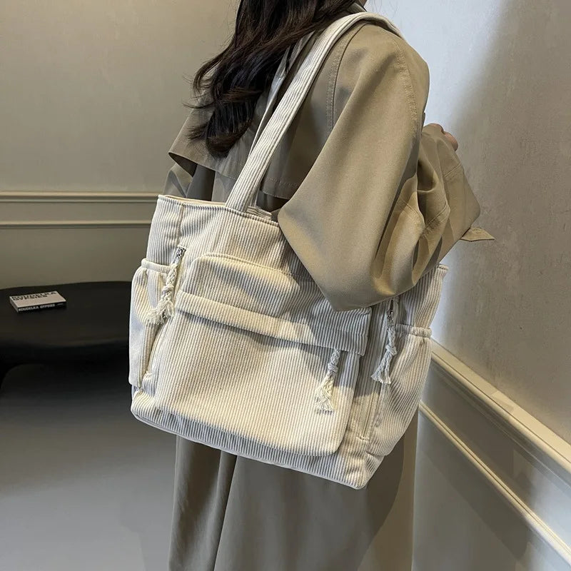 Classic Corduroy Tote Bag with Multiple Pockets
