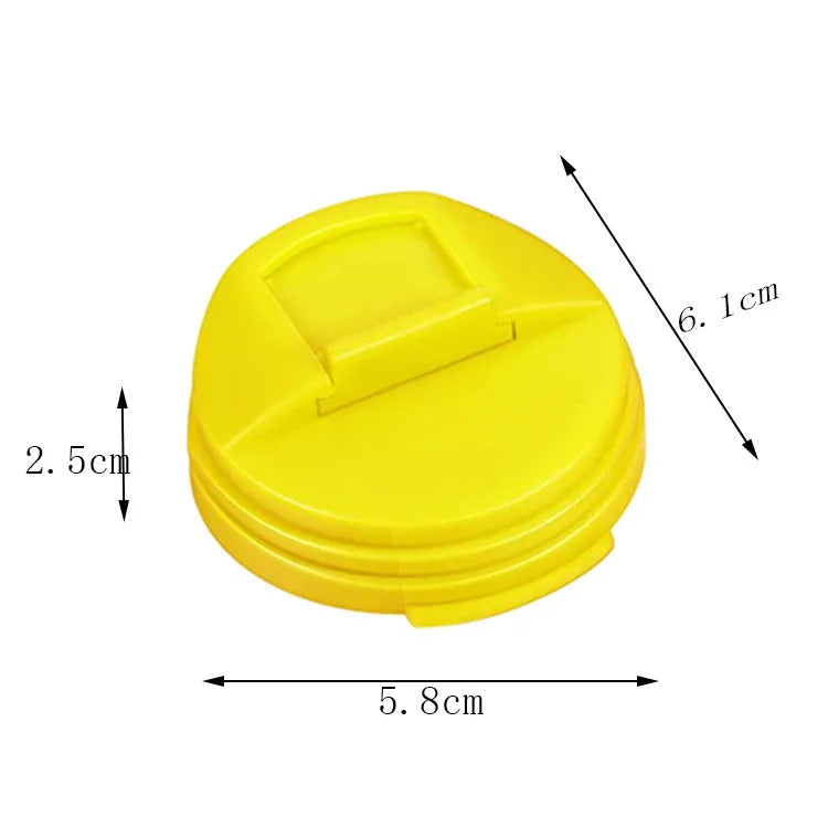 Yellow reusable beverage can lid with dimensions 6.1 cm high and 5.8 cm wide.