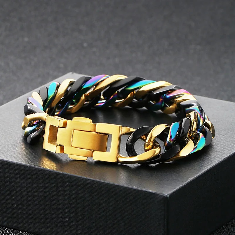 A chunky stainless steel Cuban chain bracelet featuring a mix of gold and black finishes.