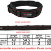 A black padded tool belt with red stitching and metal buckles is shown in various sizes.