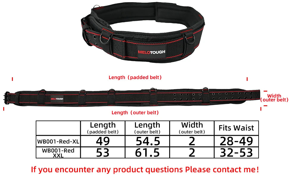 A black padded tool belt with red stitching and metal buckles is shown in various sizes.