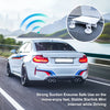A white car is driving on a road with a close-up inset showing a Starlink Mini suction cup mount for a vehicle window.