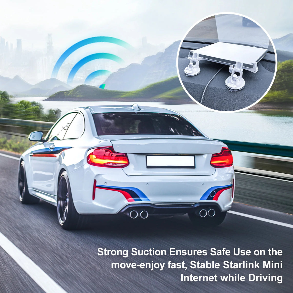 A white car is driving on a road with a close-up inset showing a Starlink Mini suction cup mount for a vehicle window.