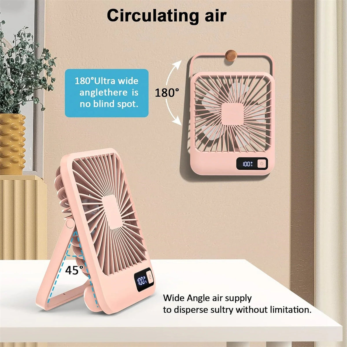 Portable USB Desk Fan with 180° Foldable Stand and Digital Display