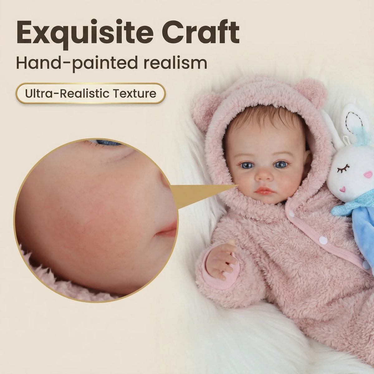 A close-up of a hand-painted realism reborn baby doll with a pink fuzzy outfit and a white rabbit toy.
