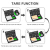 Instructions for using a tare function on a digital pocket scale showing steps to turn on, put the container on, and read the