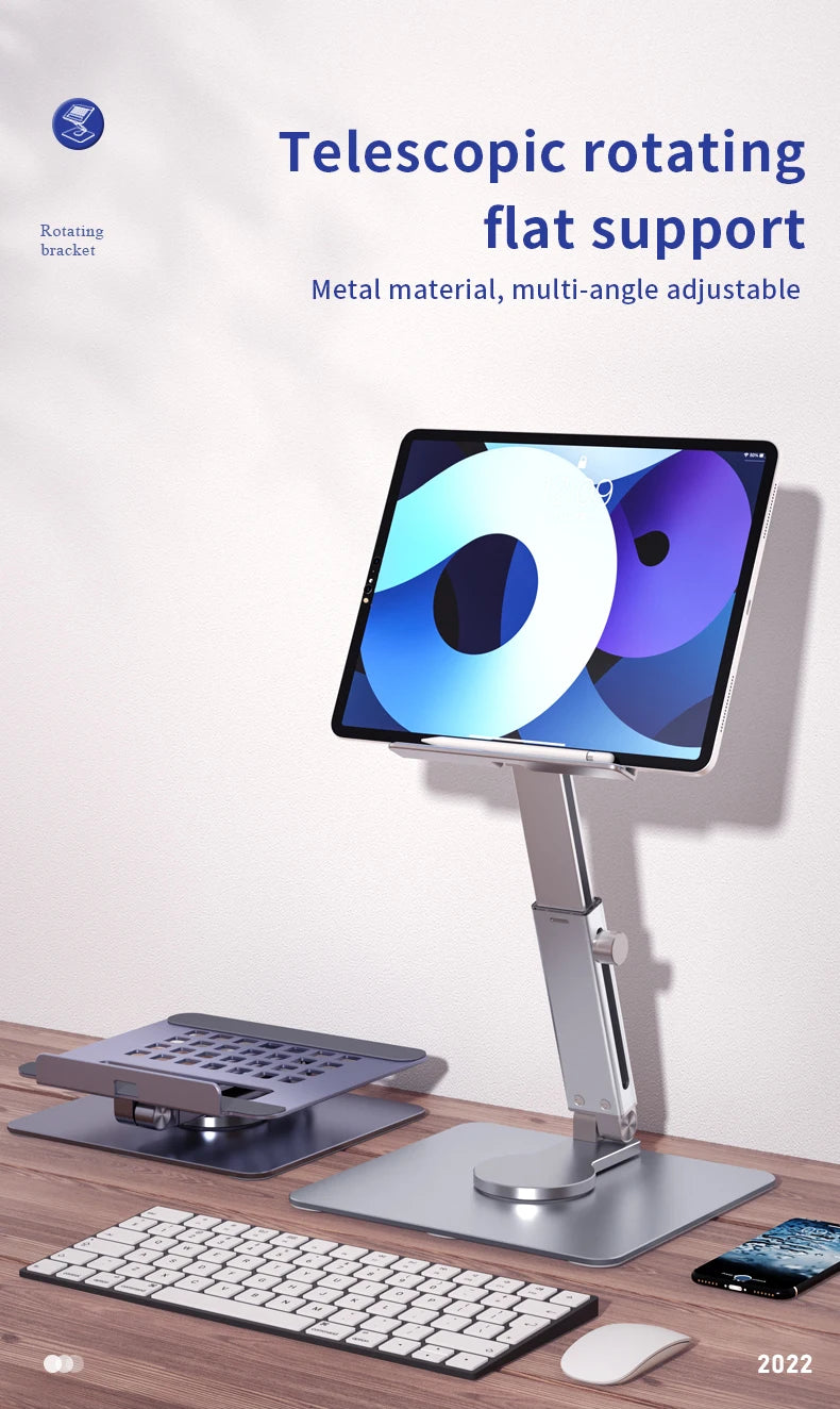 A telescopic rotating flat support for a tablet, featuring a metal material and multi-angle adjustment.